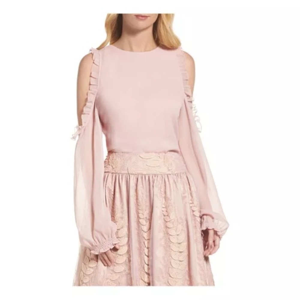 NWT Eliza J. Pink‎ blush Cold Shoulder Chiffon Ruffle Blouse Size 6